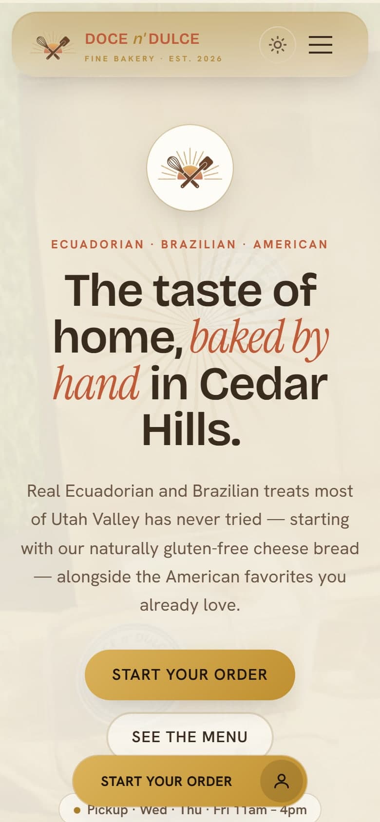 Home page of the Doce n’ Dulce bakery website as we built it, with the headline “The taste of home, baked by hand in Cedar Hills.”