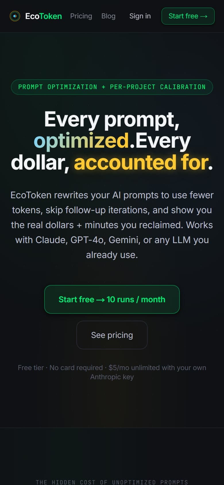 Home page of the EcoToken website, with the headline “Every prompt, optimized. Every dollar, accounted for.”