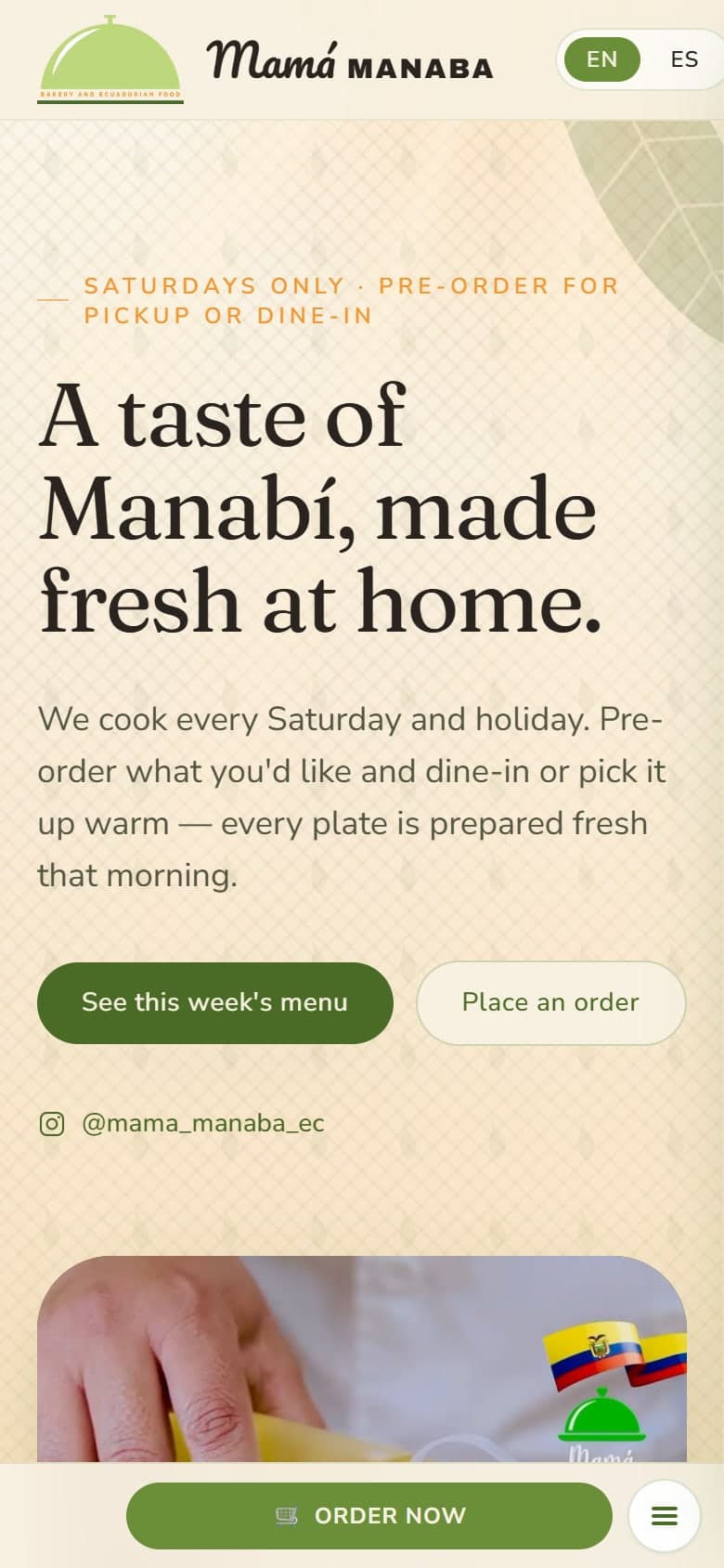 Home page of the Mamá Manaba website, with the headline “A taste of Manabí, made fresh at home” next to a plate being dressed with sauce.