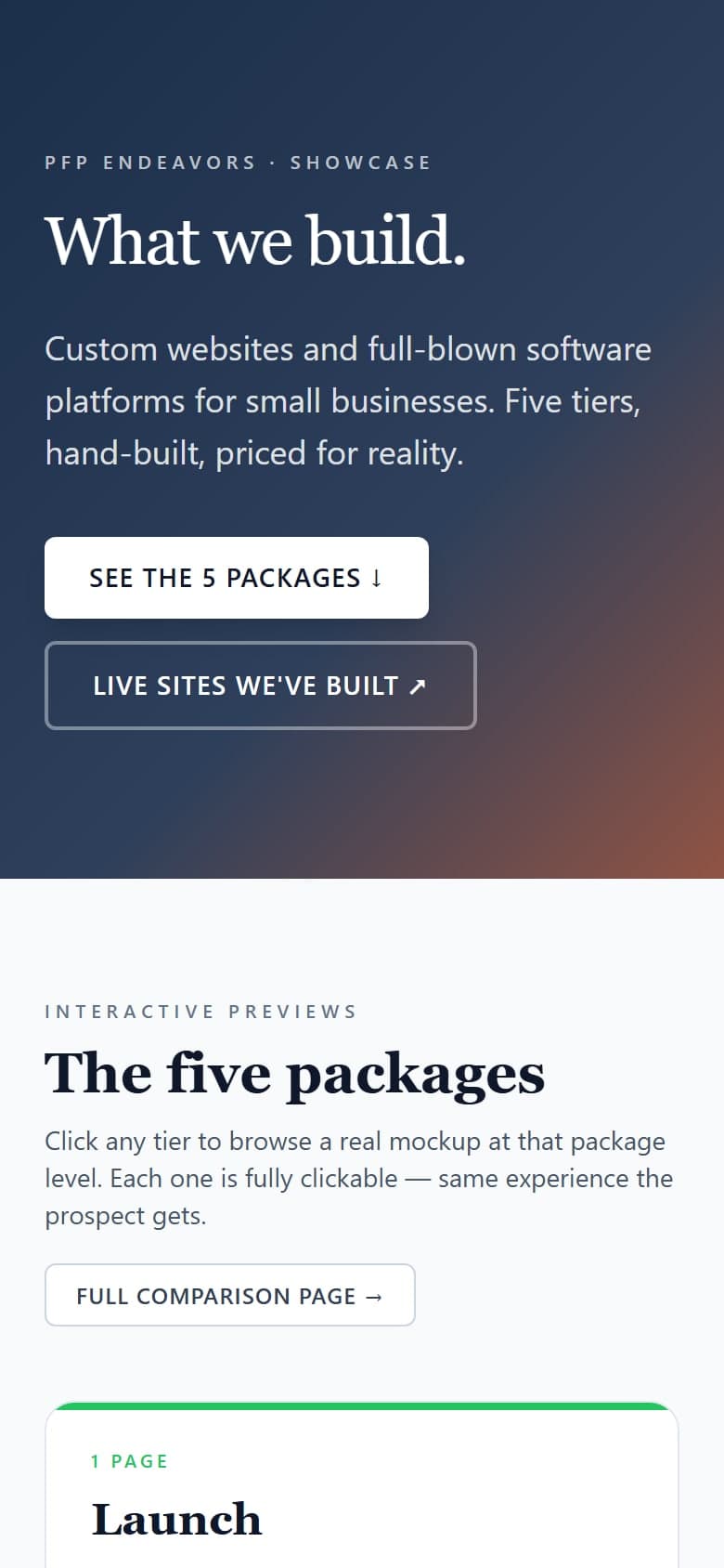 The Mockups showcase page, titled “What we build”, with the first three of five package sizes below it.