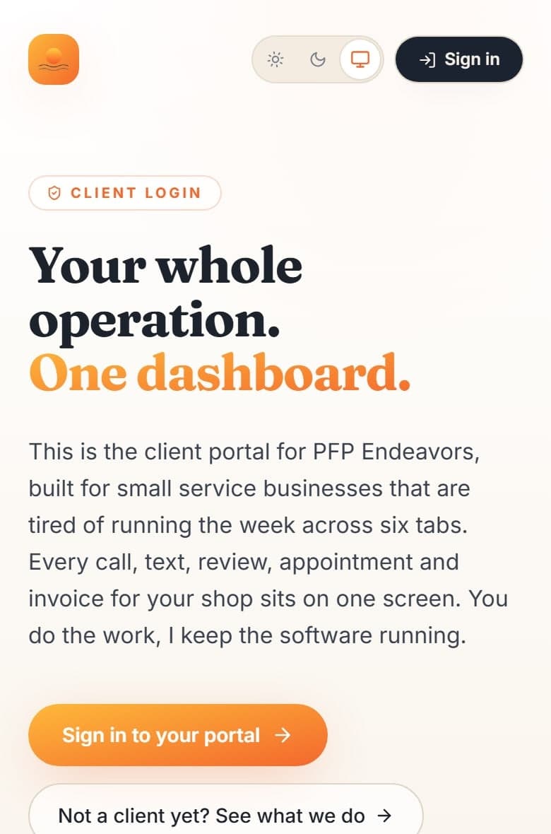 Landing page of the PFP Client Portal, with the headline “Your whole operation. One dashboard.” and a sign-in button.