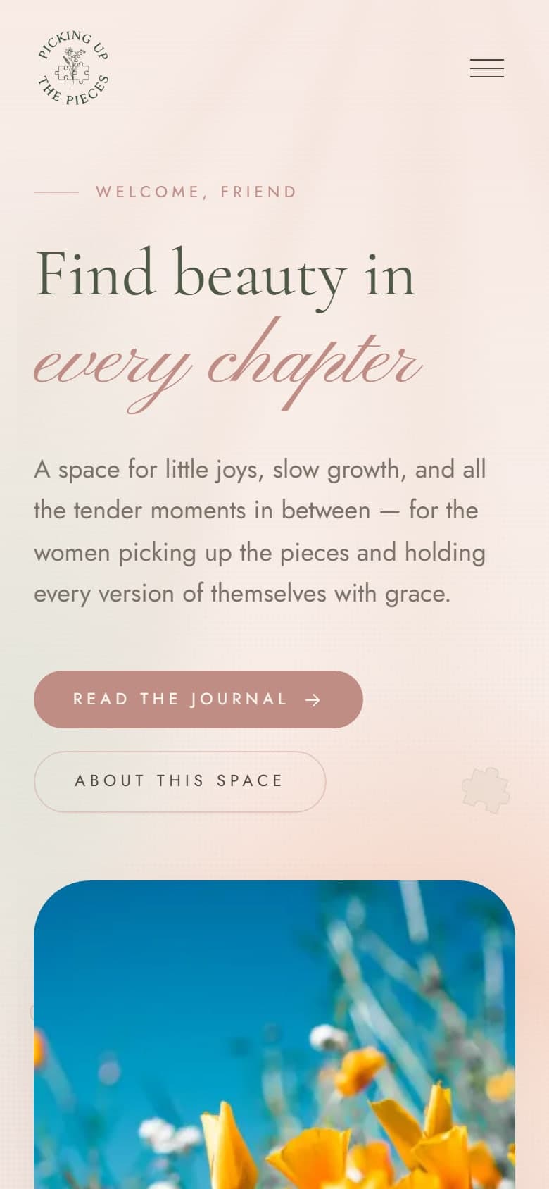 Home page of the Picking Up The Pieces blog, with the headline “Find beauty in every chapter” beside a photo of orange poppies.