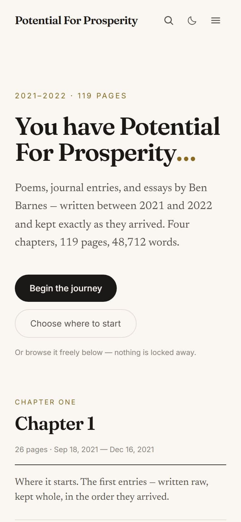 Home page of the Potential For Prosperity reading site, with its title, a “Begin the journey” button and the start of chapter one.